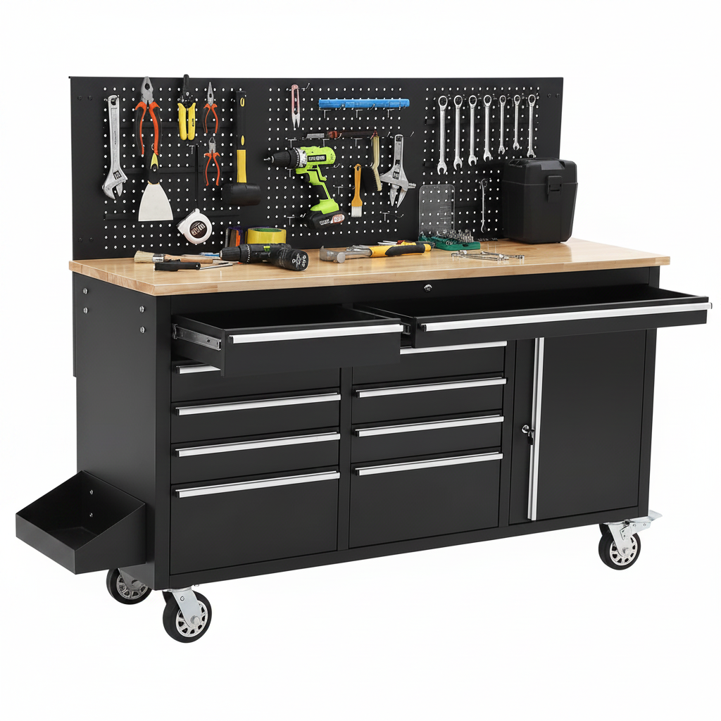 61 in Rolling Tool Chest, 10 Drawers Garage Workbench Storage Tool Cabinet with Power Strip, Solid Rubber Wood Top, 1675 LBS Load Mobile Workstation, Heavy Duty Rolling Cabinet