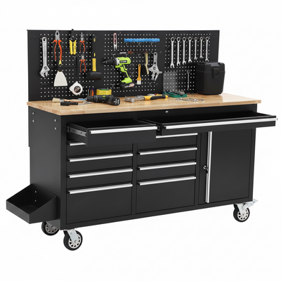 61 in Rolling Tool Chest, 10 Drawers Garage Workbench Storage Tool Cabinet with Power Strip, Solid Rubber Wood Top, 1675 LBS Load Mobile Workstation, Heavy Duty Rolling Cabinet