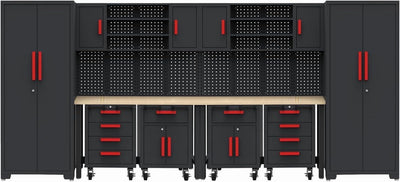 Garage Cabinets Storage System,12Pcs Workshop Set with Steel Cabinet Drawers, Rolling Chest, Workbench, Pegboard for Tool Organization