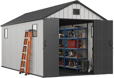 Outdoor Storage Shed, 8X15Ft Resin Shed with Floor & Windows, Thickened Heavy Duty All-Weather Garden Tool Shed for Backyard, Patio, Lawn, Gray
