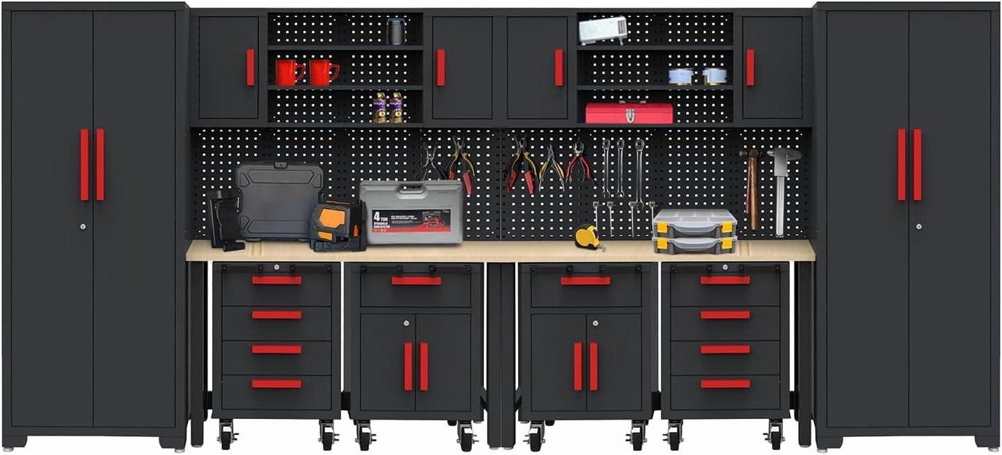 Garage Cabinets Storage System,12Pcs Workshop Set with Steel Cabinet Drawers, Rolling Chest, Workbench, Pegboard for Tool Organization
