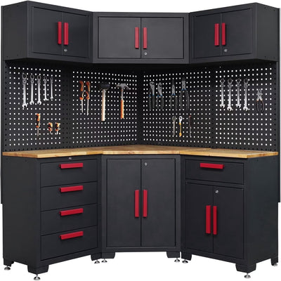 Red Garage Cabinet Storage System 10-Pcs Corner Workshop Set Garage Cabinet and Storage System for Tool Organization