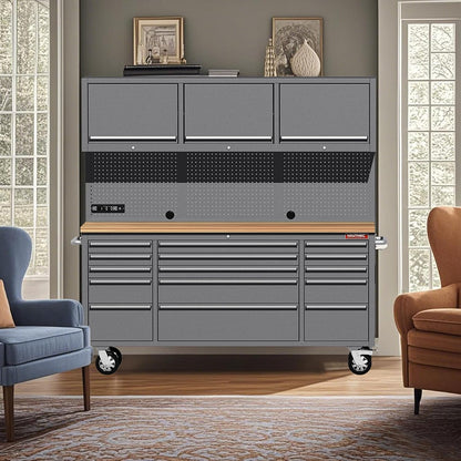 72" Rolling Tool Chest with 15 Lockable Drawers & 3 Upper Cabinets, Heavy-Duty 16-Gauge Steel Garage Workbench with Solid Oak Top, ETL Power Strip, Pegboard & 51 Hooks (HT0428)