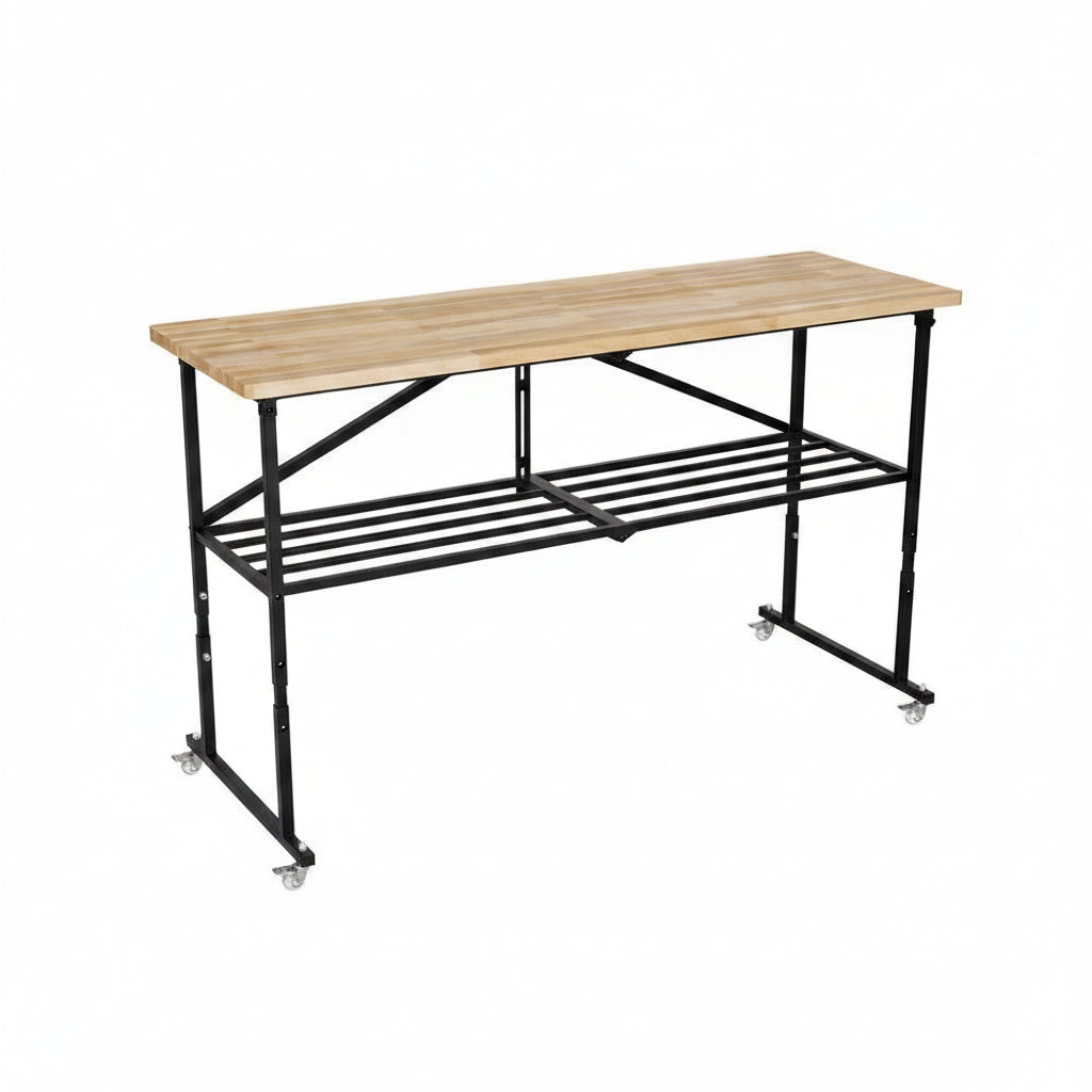 68 In. W X 21 In. D Adjustable Solid Wood Top Workbench Foldable Hardwood Workbench with Wheels