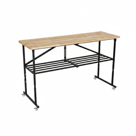 68 In. W X 21 In. D Adjustable Solid Wood Top Workbench Foldable Hardwood Workbench with Wheels