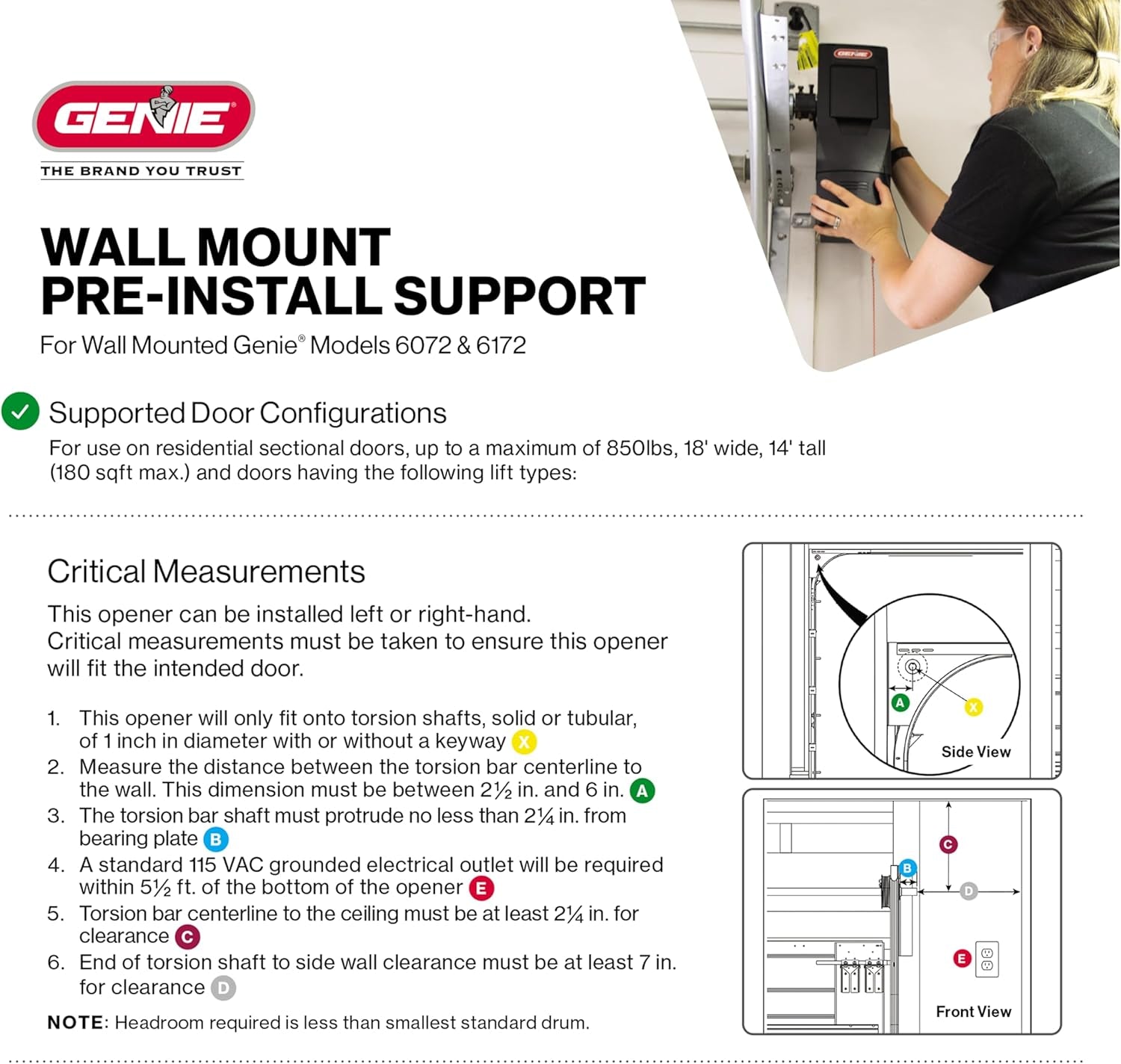 B6172H Wall Mount Smart Garage Door Opener, DC Motor Lifts up to 14Ft High 850Lbs, Black