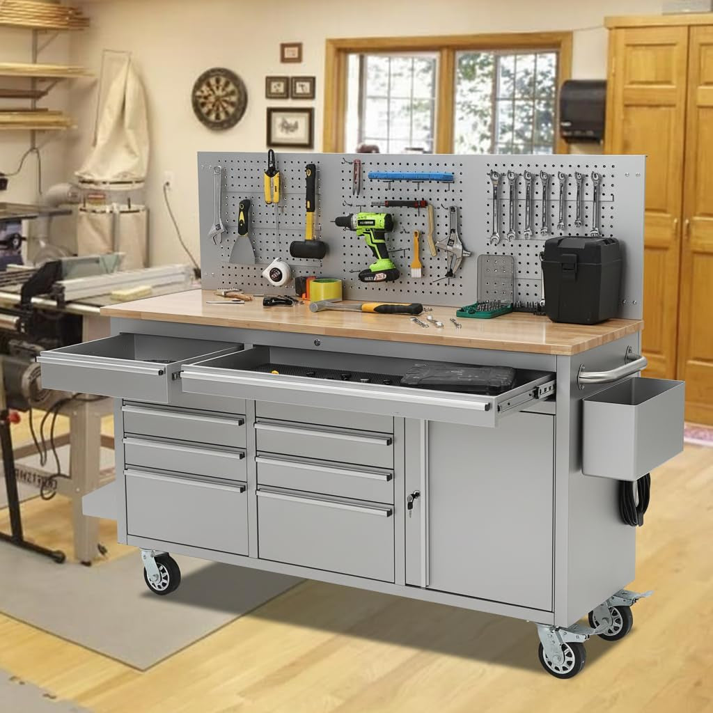 61-Inch Rolling Tool Chest, 10 Drawers Garage Workbench Storage Tool Cabinet with Power Strip, Solid Rubber Wood Top, 1675 LBS Load Mobile Workstation, Heavy Duty Rolling Cabinet, Silver