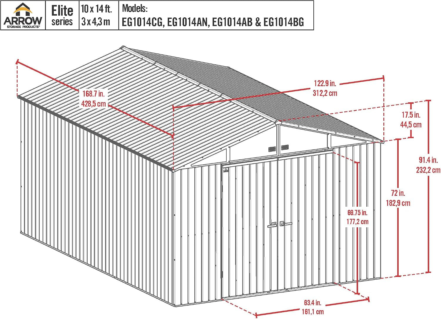 Shed Elite 10' X 14' Tall Outdoor Steel Storage Shed with High Gable and Lockable Doors Storage Building, Cool Grey