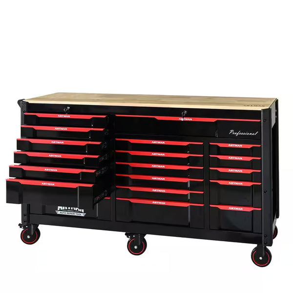 68.5 In. D X 19 In. W 7+12 Drawers Heavy Duty Black and Red Metal Rolling Tool Chest Combo for Workshops and Labs