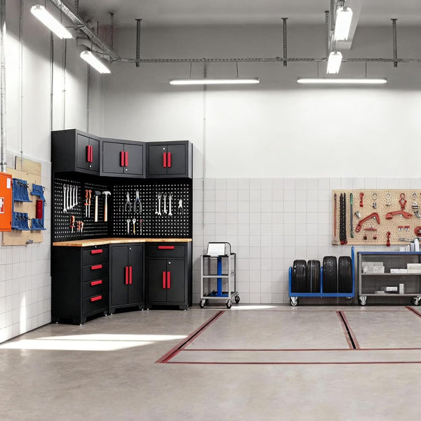 Red Garage Cabinet Storage System 10-Pcs Corner Workshop Set Garage Cabinet and Storage System for Tool Organization