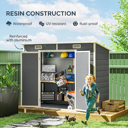 8' X 4' Outdoor Storage Shed, Waterproof Resin Plastic Shed with Floor, Window, Lockable Doors and Vents, All-Weather Garden Tool Shed for Backyard, Patio, Lawn, Gray