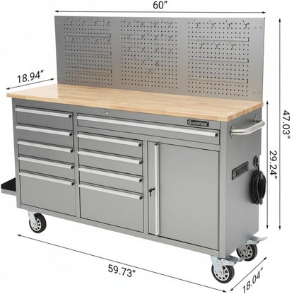 61-Inch Rolling Tool Chest, 10 Drawers Garage Workbench Storage Tool Cabinet with Power Strip, Solid Rubber Wood Top, 1675 LBS Load Mobile Workstation, Heavy Duty Rolling Cabinet, Silver