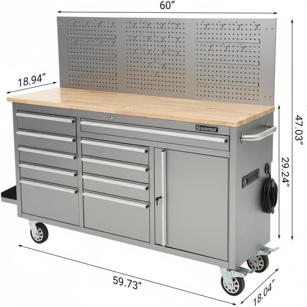 61-Inch Rolling Tool Chest, 10 Drawers Garage Workbench Storage Tool Cabinet with Power Strip, Solid Rubber Wood Top, 1675 LBS Load Mobile Workstation, Heavy Duty Rolling Cabinet, Silver