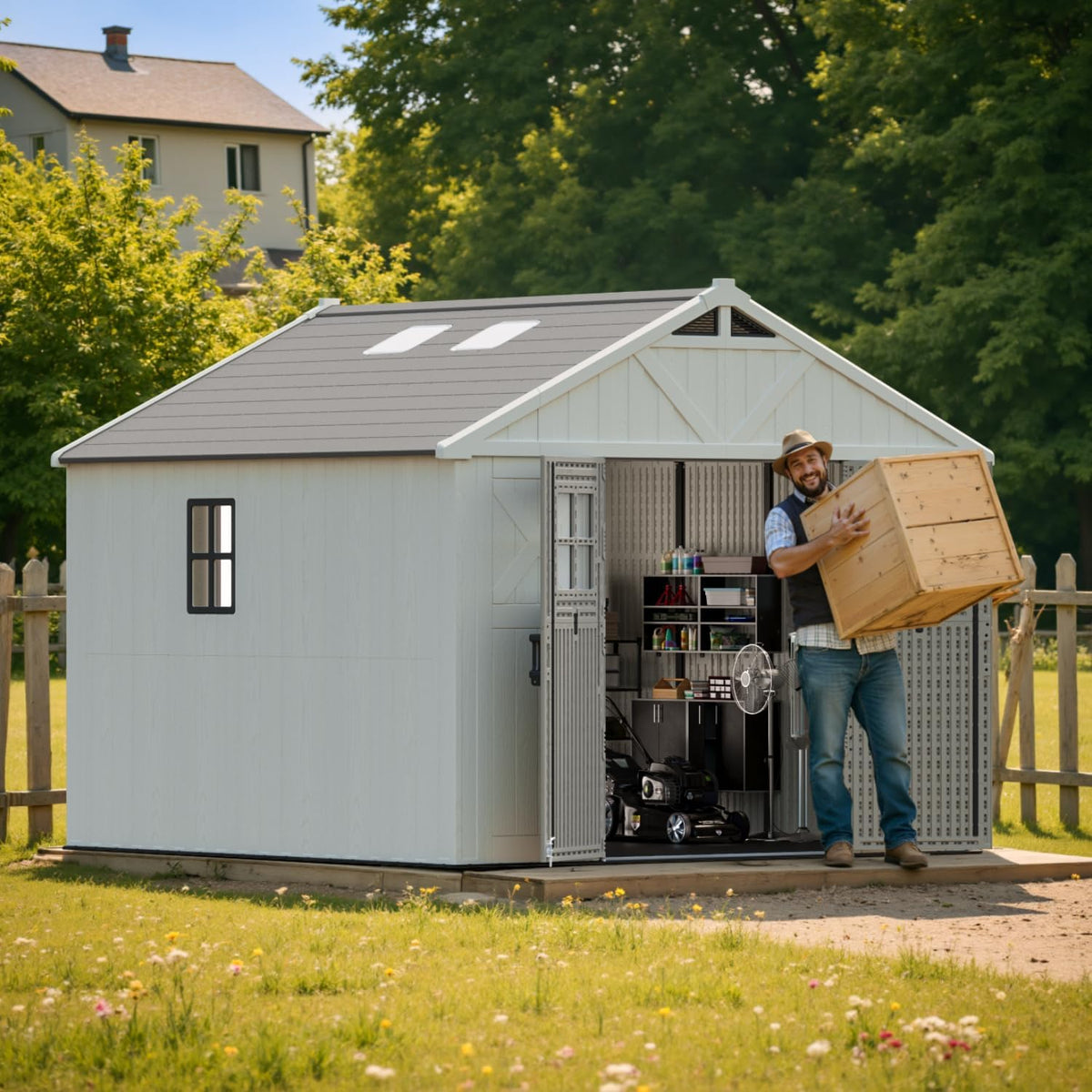 10X10 FT Resin Outdoor Storage Shed with Floor, Beige