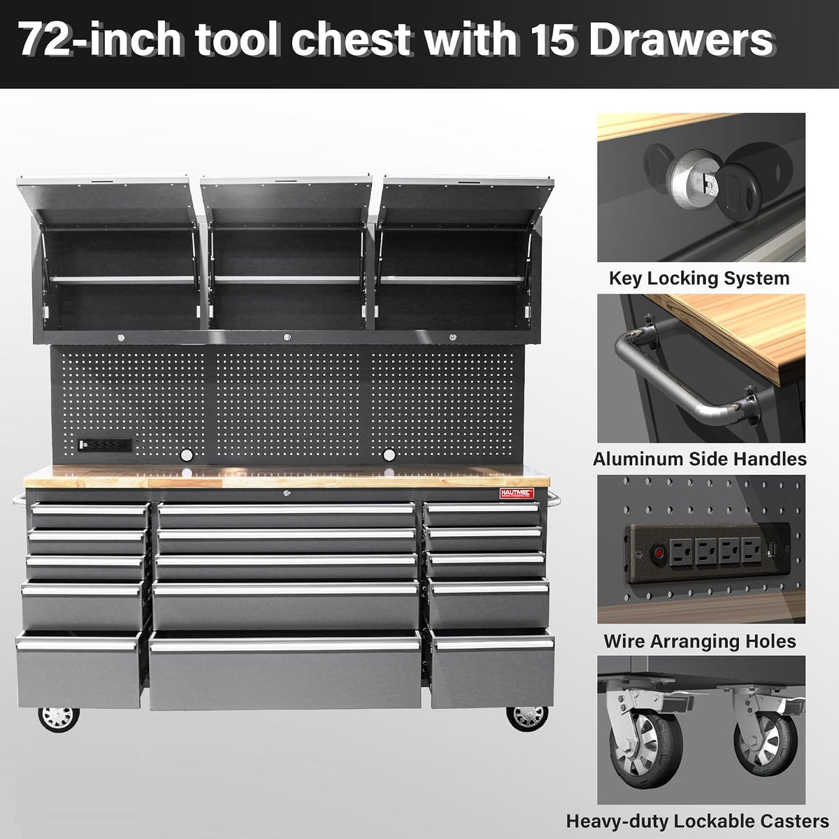 72" Rolling Tool Chest with 15 Lockable Drawers & 3 Upper Cabinets, Heavy-Duty 16-Gauge Steel Garage Workbench with Solid Oak Top, ETL Power Strip, Pegboard & 51 Hooks (HT0428)