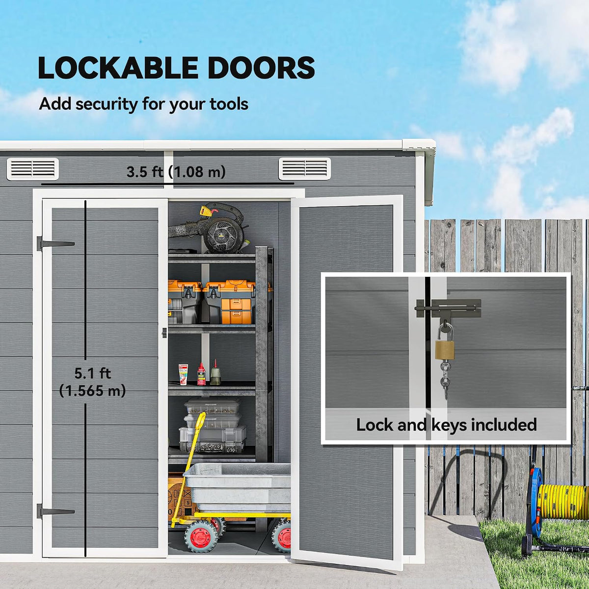 8' X 4' Outdoor Storage Shed, Waterproof Resin Plastic Shed with Floor, Window, Lockable Doors and Vents, All-Weather Garden Tool Shed for Backyard, Patio, Lawn, Gray