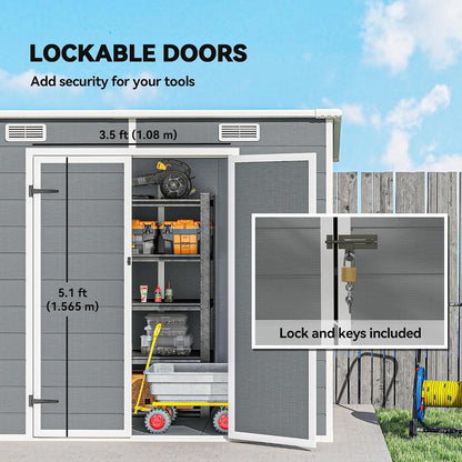 8' X 4' Outdoor Storage Shed, Waterproof Resin Plastic Shed with Floor, Window, Lockable Doors and Vents, All-Weather Garden Tool Shed for Backyard, Patio, Lawn, Gray