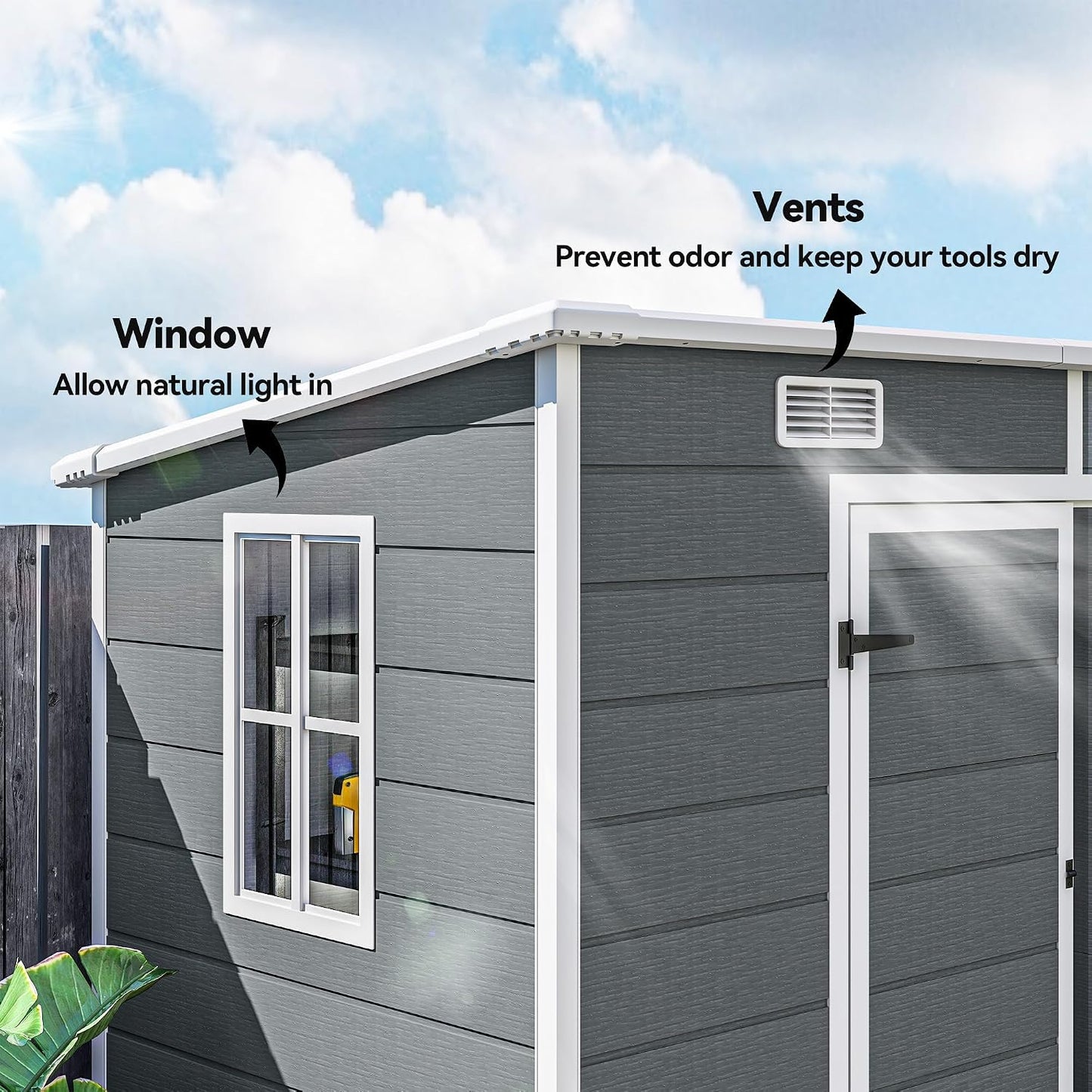 8' X 4' Outdoor Storage Shed, Waterproof Resin Plastic Shed with Floor, Window, Lockable Doors and Vents, All-Weather Garden Tool Shed for Backyard, Patio, Lawn, Gray