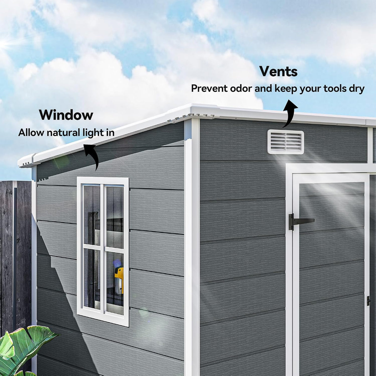 8' X 4' Outdoor Storage Shed, Waterproof Resin Plastic Shed with Floor, Window, Lockable Doors and Vents, All-Weather Garden Tool Shed for Backyard, Patio, Lawn, Gray