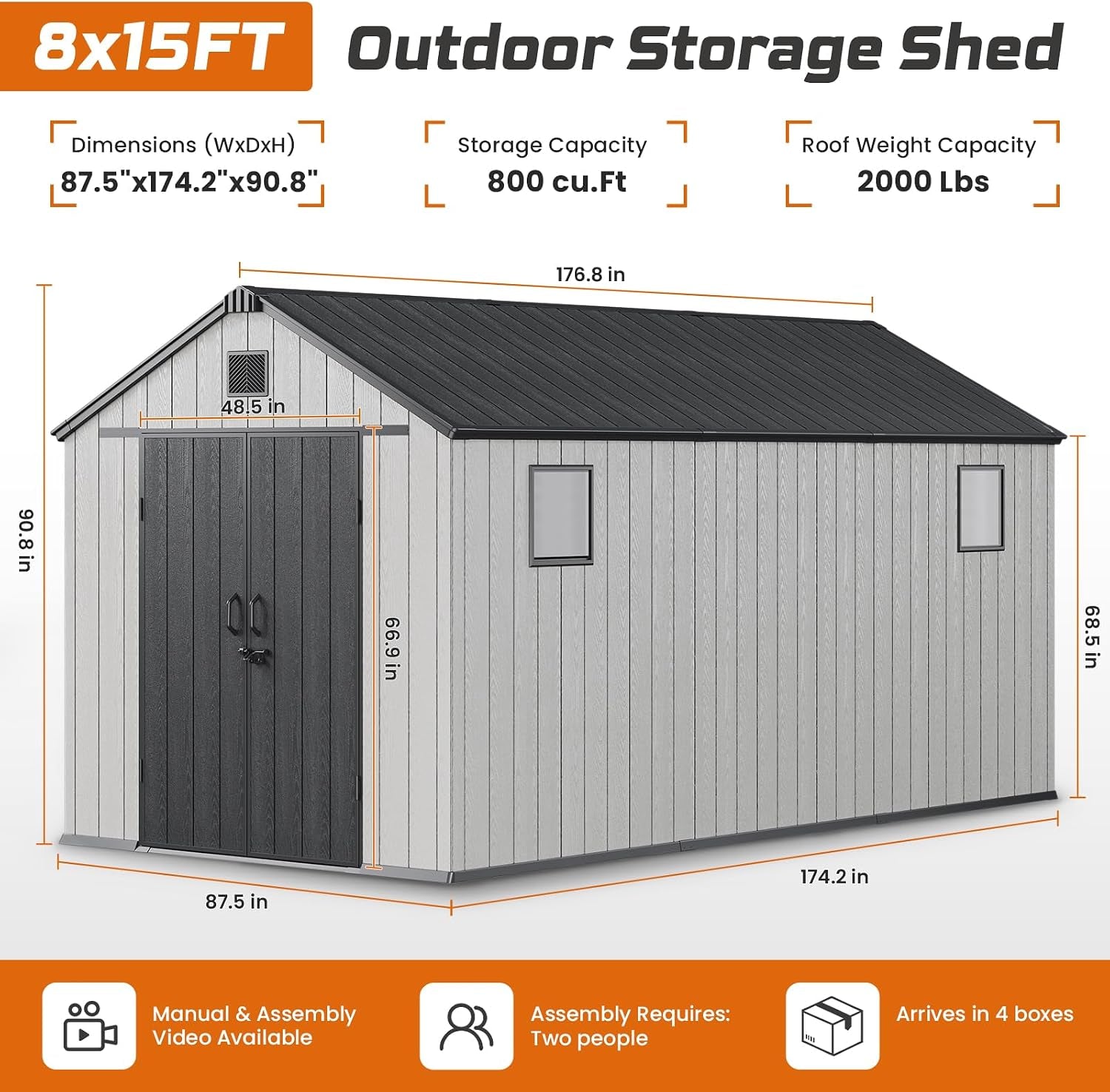 Outdoor Storage Shed, 8X15Ft Resin Shed with Floor & Windows, Thickened Heavy Duty All-Weather Garden Tool Shed for Backyard, Patio, Lawn, Gray