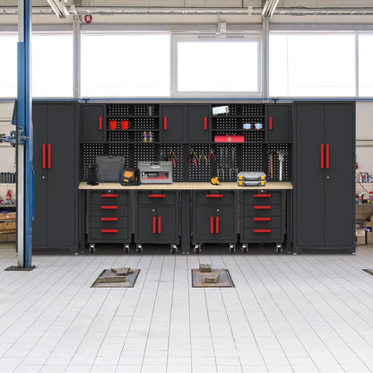 Garage Cabinets Storage System，12Pcs Workshop Set with Steel Cabinet Drawers, Rolling Chest, Workbench, Pegboard for Tool Organization