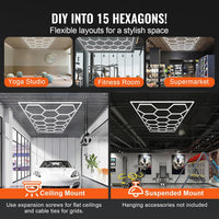 Hexagon Garage Lights, 66300LM, 6500K 15 Grid Systems Honeycomb Hexagonal Garage LED Lights, DIY Cool White Car Detailing Ceiling Lighting Bright Shop Light for Gym Basement Workshop