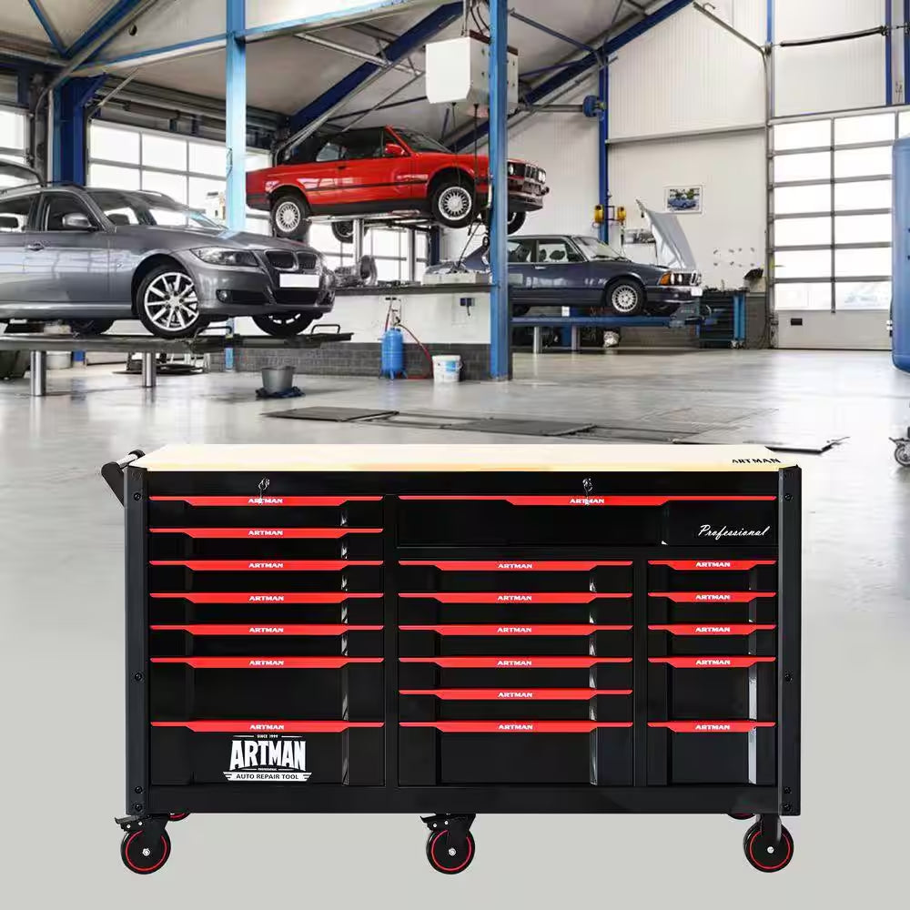 68.5 In. D X 19 In. W 7+12 Drawers Heavy Duty Black and Red Metal Rolling Tool Chest Combo for Workshops and Labs