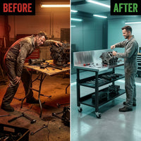 60-In W X 34.375-In H Rolling Powder Coated Finish Stainless Steel Adjustable Height Work Bench — Before & After