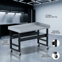 60-In W X 34.375-In H Rolling Powder Coated Finish Stainless Steel Adjustable Height Work Bench — infographic