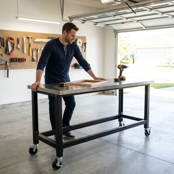 Rolling Workbench Built for Heavy Projects, 12-Gauge Stainless Steel Top, Adjustable Height, Locking Casters