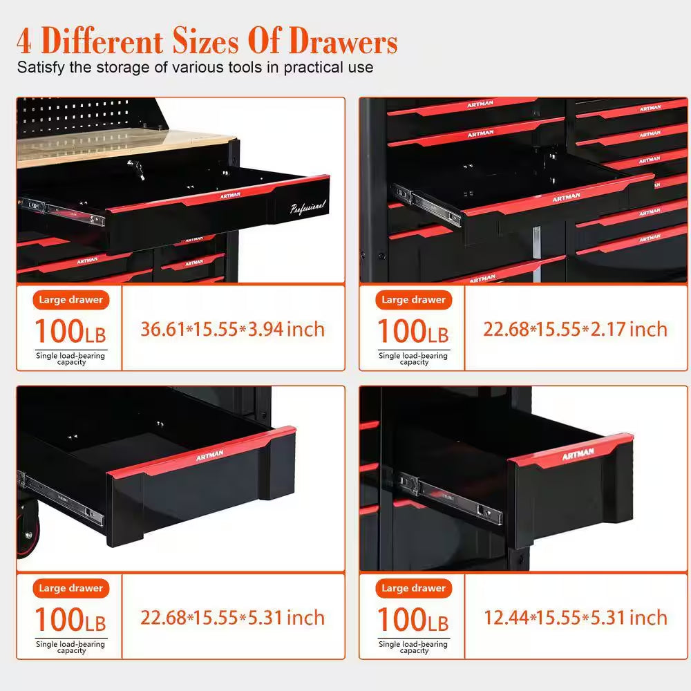68.5 In. D X 19 In. W 7+12 Drawers Heavy Duty Black and Red Metal Rolling Tool Chest Combo for Workshops and Labs
