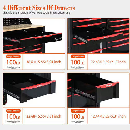 68.5 In. D X 19 In. W 7+12 Drawers Heavy Duty Black and Red Metal Rolling Tool Chest Combo for Workshops and Labs
