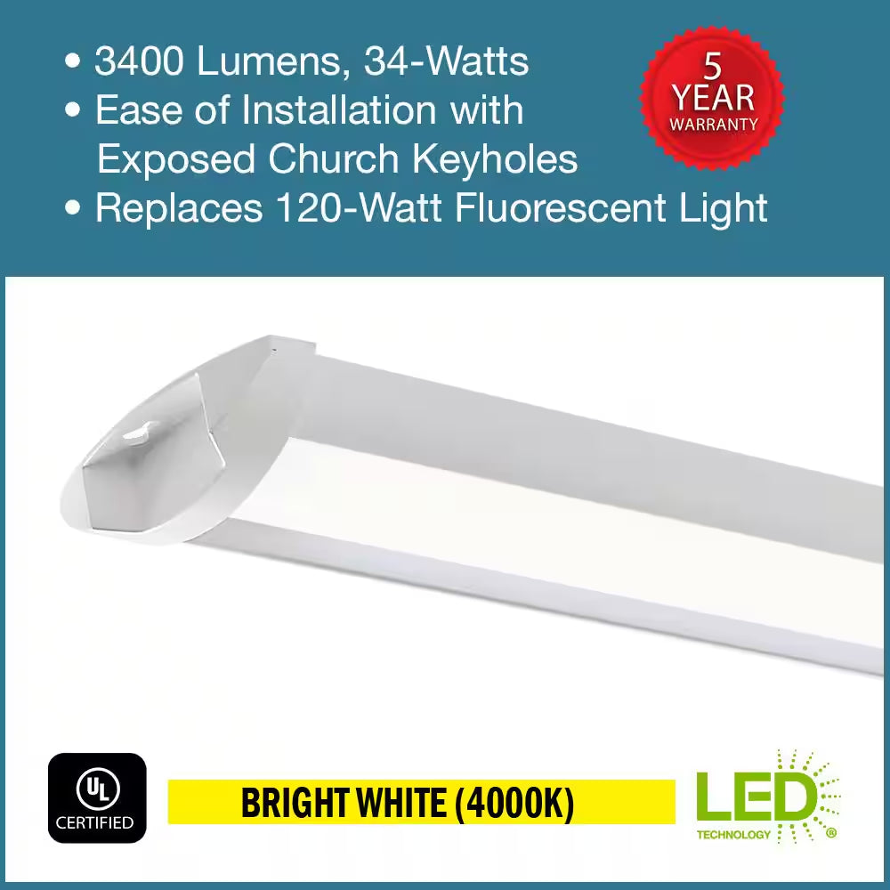1-Pack 44 In. 3400 Lumens Easy Install LED Wraparound Light Fixture 120V Bright White 4000K Garage Lighting Closet Light