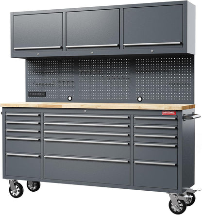 72" Rolling Tool Chest with 15 Lockable Drawers & 3 Upper Cabinets, Heavy-Duty 16-Gauge Steel Garage Workbench with Solid Oak Top, ETL Power Strip, Pegboard & 51 Hooks (HT0428)