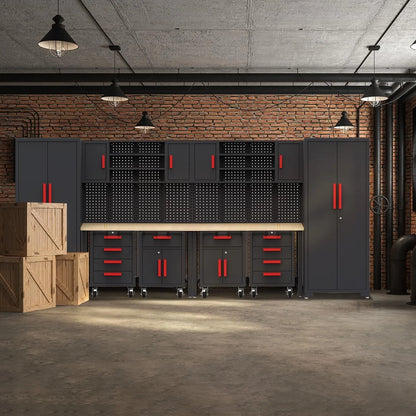 Garage Cabinets Storage System，12Pcs Workshop Set with Steel Cabinet Drawers, Rolling Chest, Workbench, Pegboard for Tool Organization
