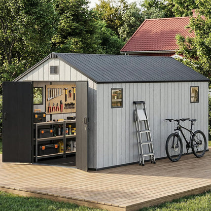 Outdoor Storage Shed, 8X15Ft Resin Shed with Floor & Windows, Thickened Heavy Duty All-Weather Garden Tool Shed for Backyard, Patio, Lawn, Gray