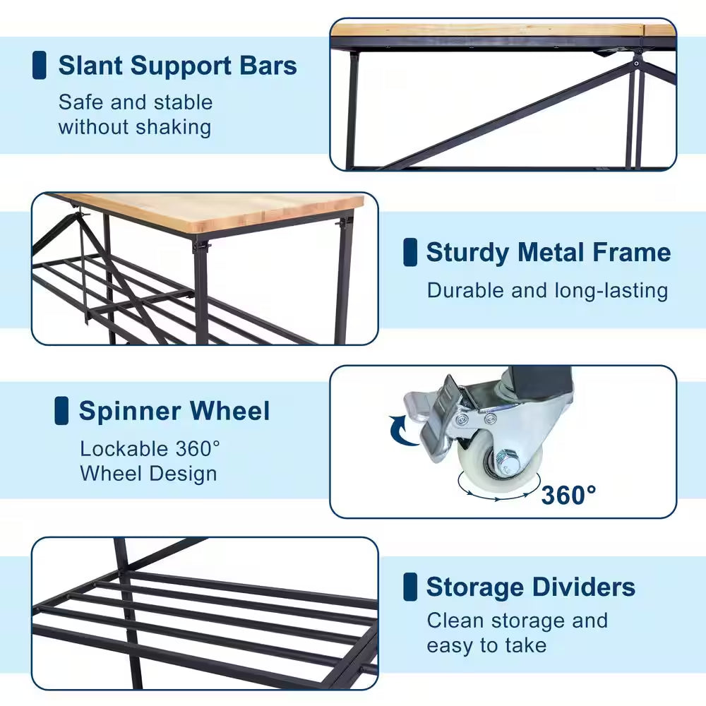 68 In. W X 21 In. D Adjustable Solid Wood Top Workbench Foldable Hardwood Workbench with Wheels