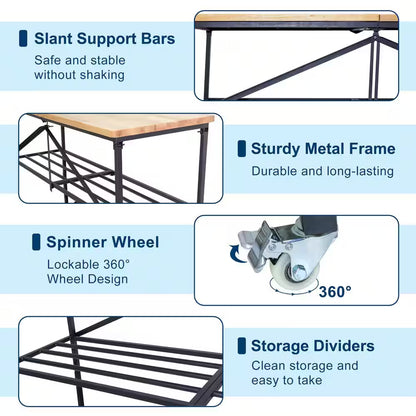68 In. W X 21 In. D Adjustable Solid Wood Top Workbench Foldable Hardwood Workbench with Wheels
