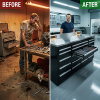 7FT Workbench Built for Industrial Strength, 17 Drawers, 5000lb Capacity, Powder-Coated Finish — Before & After