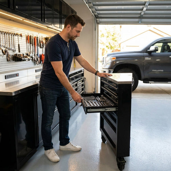 Industrial Workbench Built for Heavy-Duty Use, 17 Drawers, 5000 lb Capacity, Powder-Coated Steel Finish