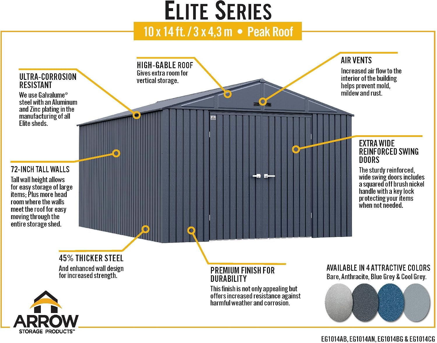 Shed Elite 10' X 14' Tall Outdoor Steel Storage Shed with High Gable and Lockable Doors Storage Building, Cool Grey