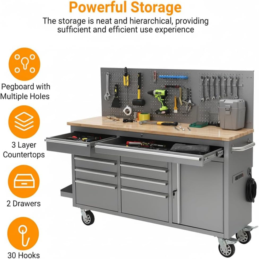 61-Inch Rolling Tool Chest, 10 Drawers Garage Workbench Storage Tool Cabinet with Power Strip, Solid Rubber Wood Top, 1675 LBS Load Mobile Workstation, Heavy Duty Rolling Cabinet, Silver