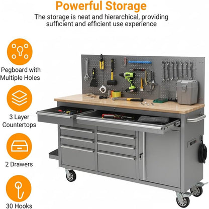 61-Inch Rolling Tool Chest, 10 Drawers Garage Workbench Storage Tool Cabinet with Power Strip, Solid Rubber Wood Top, 1675 LBS Load Mobile Workstation, Heavy Duty Rolling Cabinet, Silver