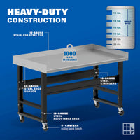60-In W X 34.375-In H Rolling Powder Coated Finish Stainless Steel Adjustable Height Work Bench