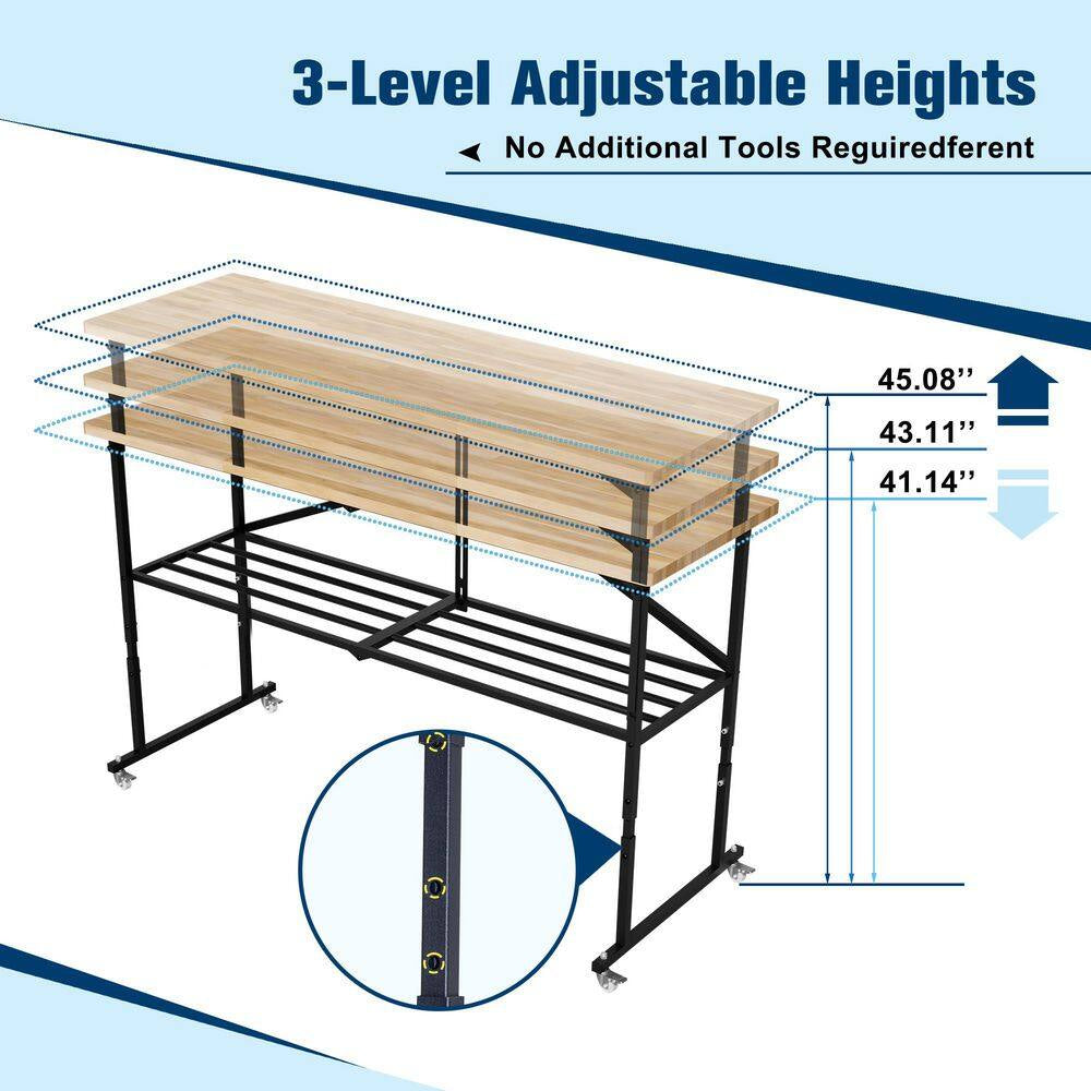 68 In. W X 21 In. D Adjustable Solid Wood Top Workbench Foldable Hardwood Workbench with Wheels
