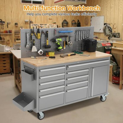 61-Inch Rolling Tool Chest, 10 Drawers Garage Workbench Storage Tool Cabinet with Power Strip, Solid Rubber Wood Top, 1675 LBS Load Mobile Workstation, Heavy Duty Rolling Cabinet, Silver