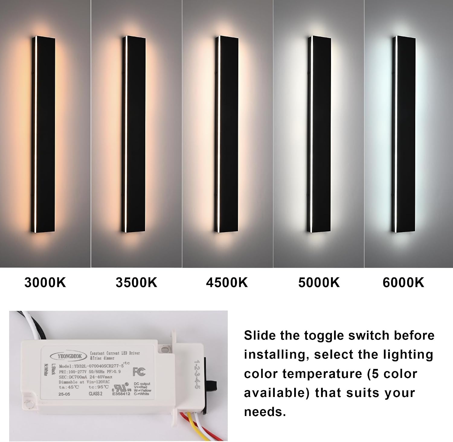 2 Pack 48 Inch Waterproof Outdoor Wall Light, 5.9 Inch Wide Linear Outdoor Garage Lighting Fixtures Long Exterior LED Wall Light for Porch Garage Patio, 3000K-6000K 5CCT