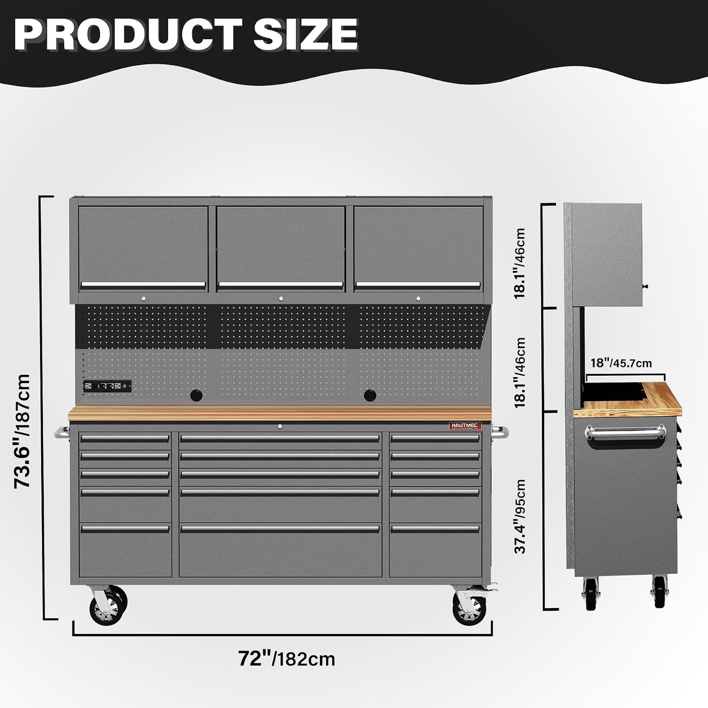 72" Rolling Tool Chest with 15 Lockable Drawers & 3 Upper Cabinets, Heavy-Duty 16-Gauge Steel Garage Workbench with Solid Oak Top, ETL Power Strip, Pegboard & 51 Hooks (HT0428)