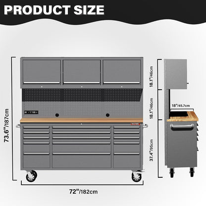 72" Rolling Tool Chest with 15 Lockable Drawers & 3 Upper Cabinets, Heavy-Duty 16-Gauge Steel Garage Workbench with Solid Oak Top, ETL Power Strip, Pegboard & 51 Hooks (HT0428)