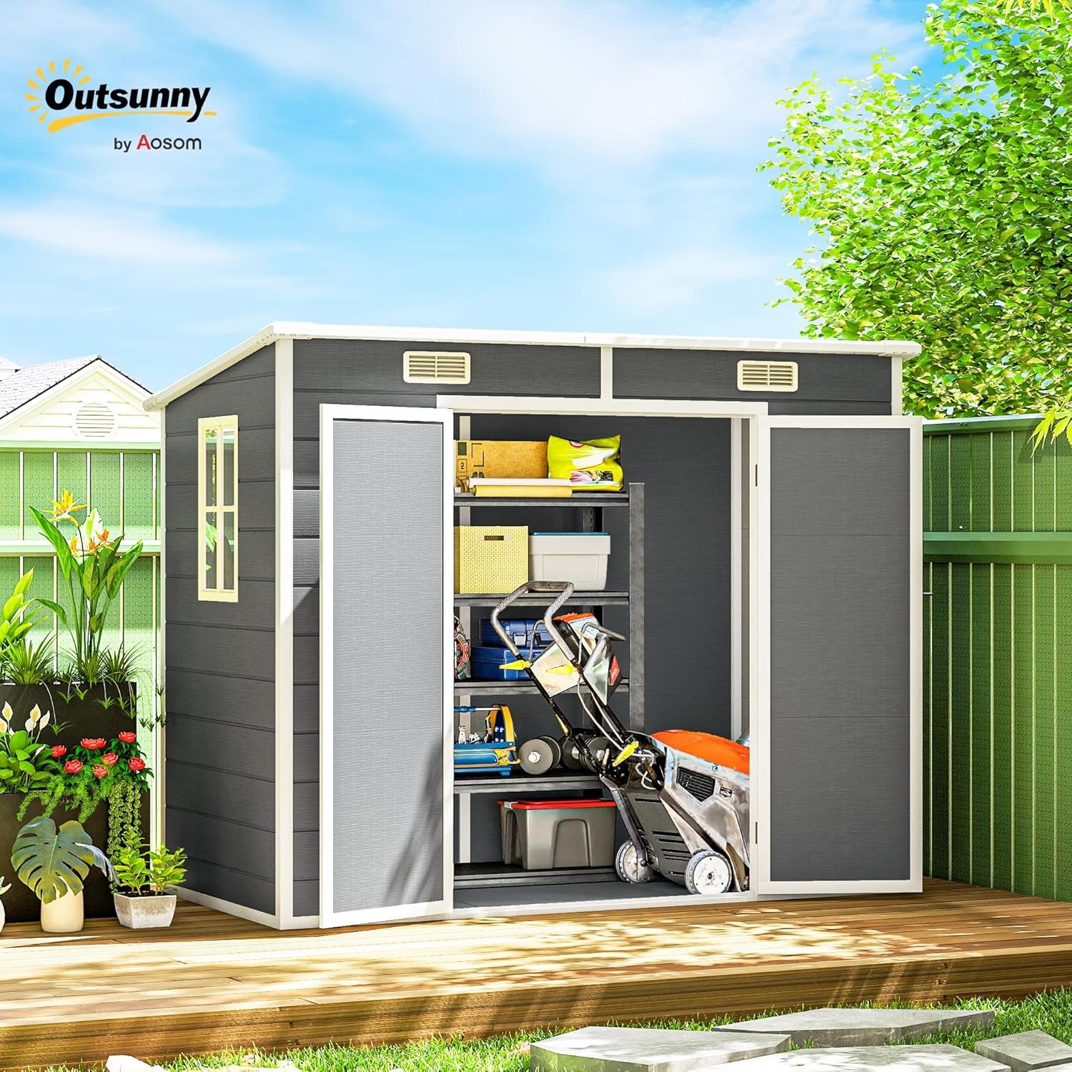8' X 4' Outdoor Storage Shed, Waterproof Resin Plastic Shed with Floor, Window, Lockable Doors and Vents, All-Weather Garden Tool Shed for Backyard, Patio, Lawn, Gray